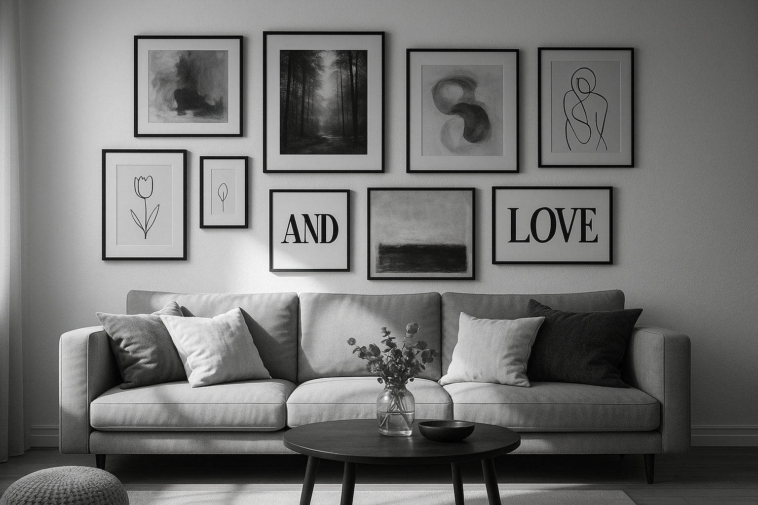 living room with mixed artworks