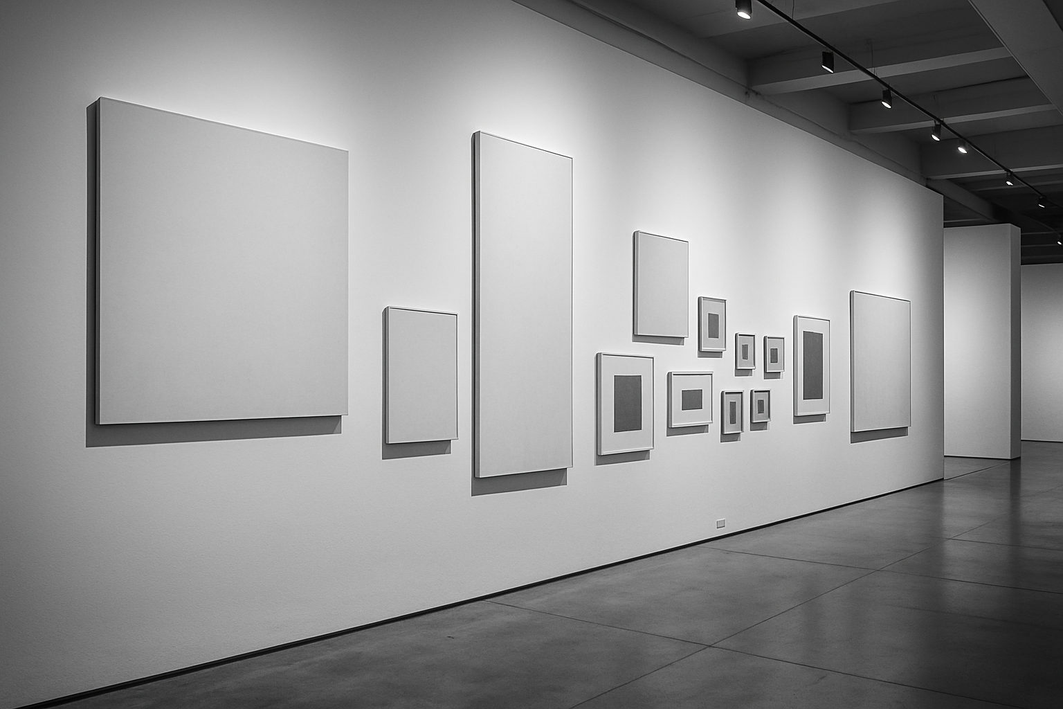 gallery wall with artworks with different proportions