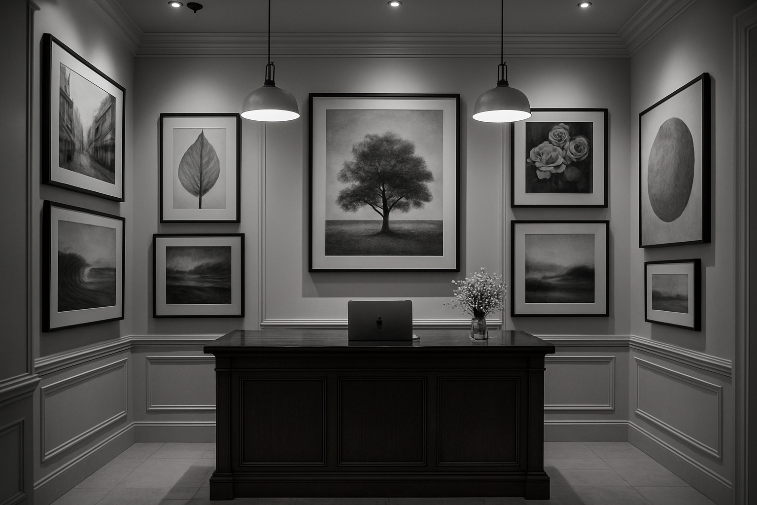 office reception with wall art