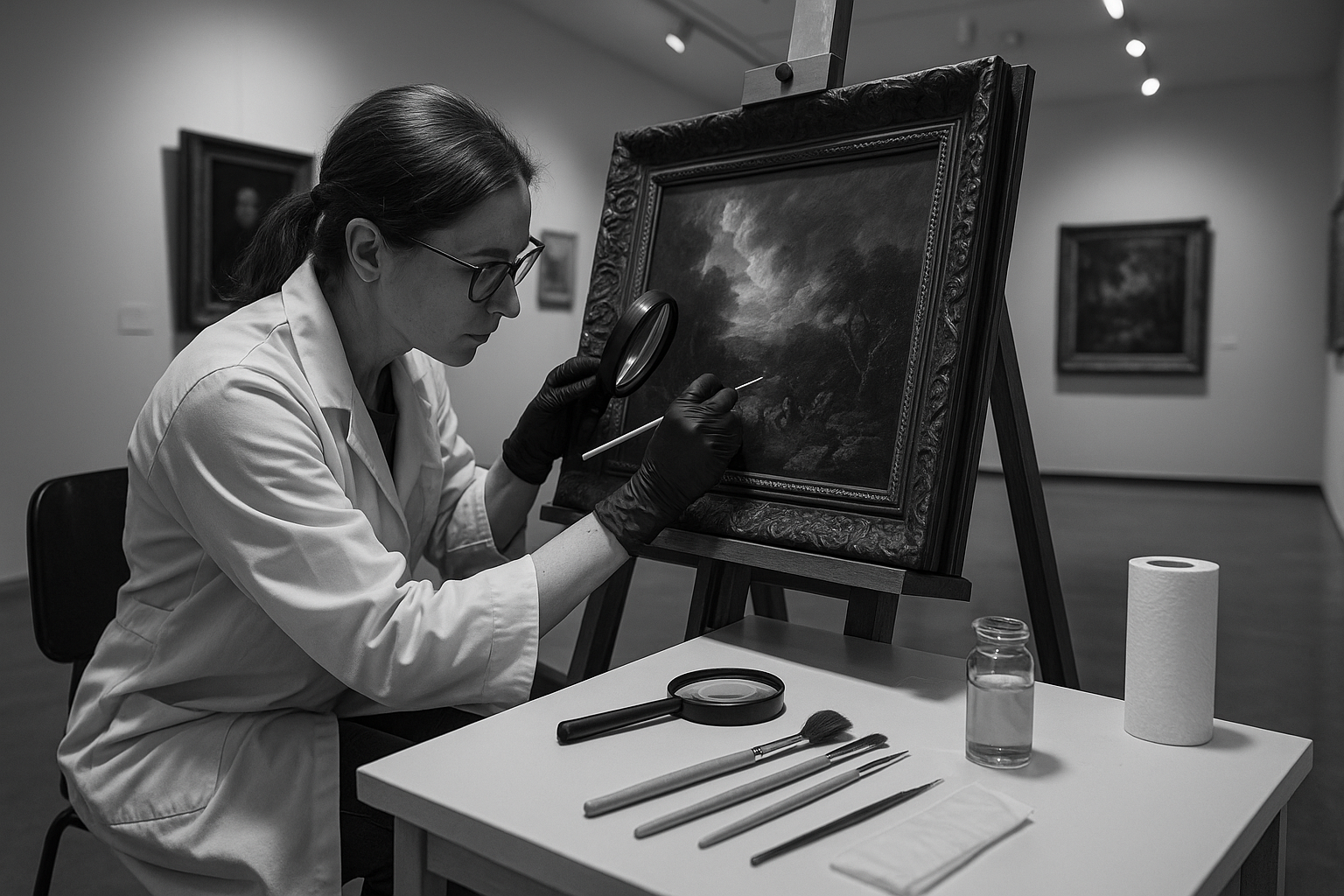 a woman doing wall art maintenance