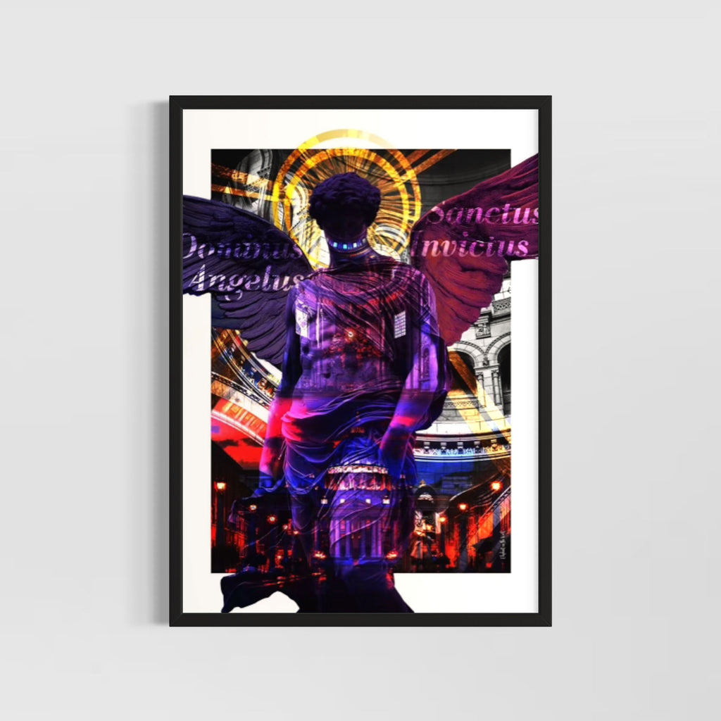 Angelus Wall Art Print featuring a vibrant celestial figure with wings and mystical hues.