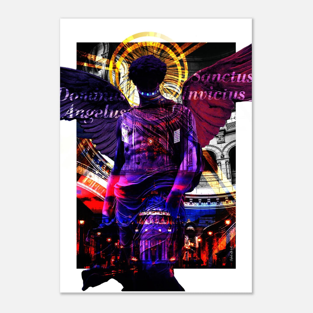 Angelus Wall Art Print featuring a celestial figure with vibrant colors and divine elements.