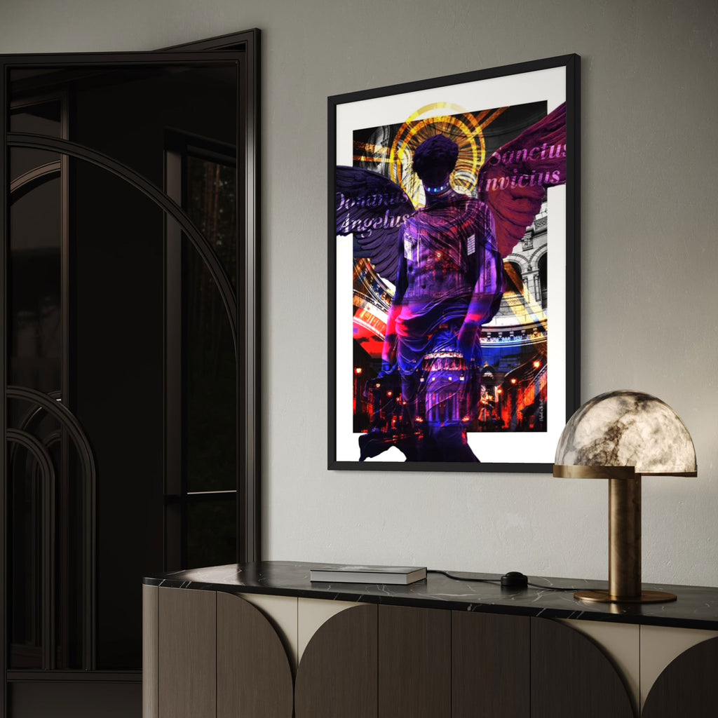 Angelus Wall Art Print featuring a celestial figure in vibrant hues against an elegant interior backdrop.