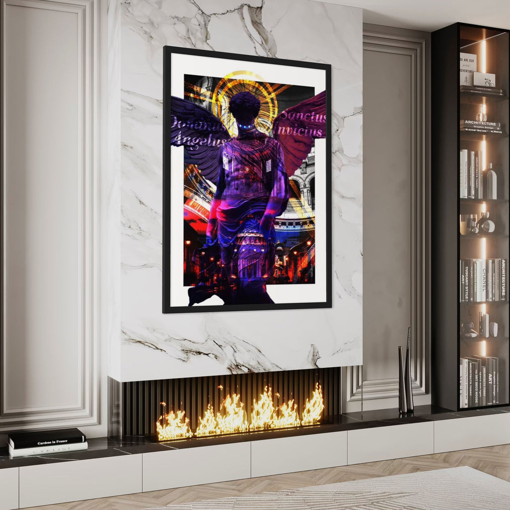 Angelus Wall Art Print displayed above a modern fireplace, featuring vibrant colors and celestial themes.