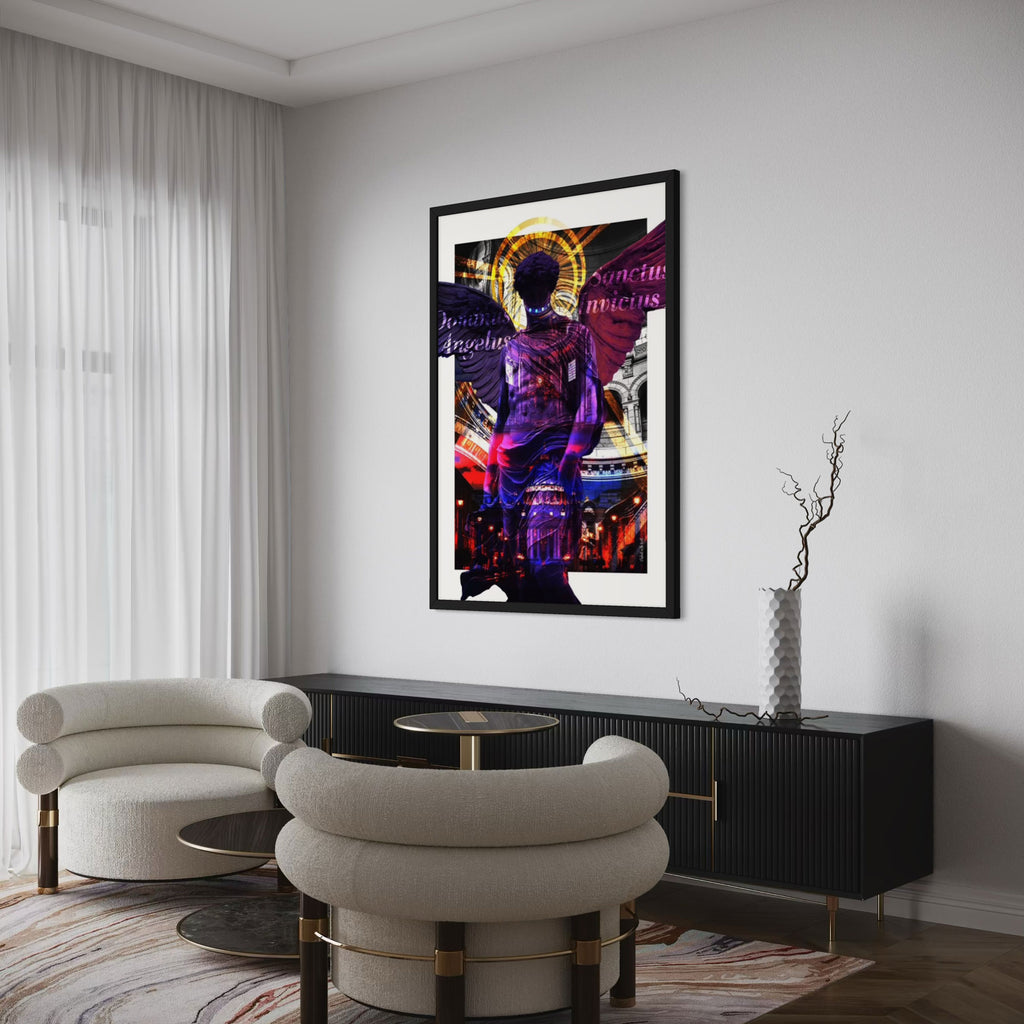 Angelus Wall Art Print showcasing a celestial figure in vibrant hues in a modern living room setting.