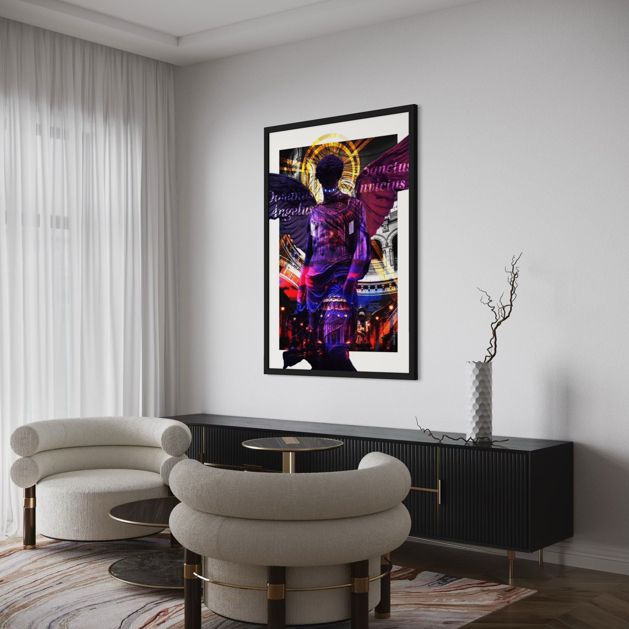 Angelus Wall Art Print showcasing a celestial figure in vibrant hues in a modern living room setting.