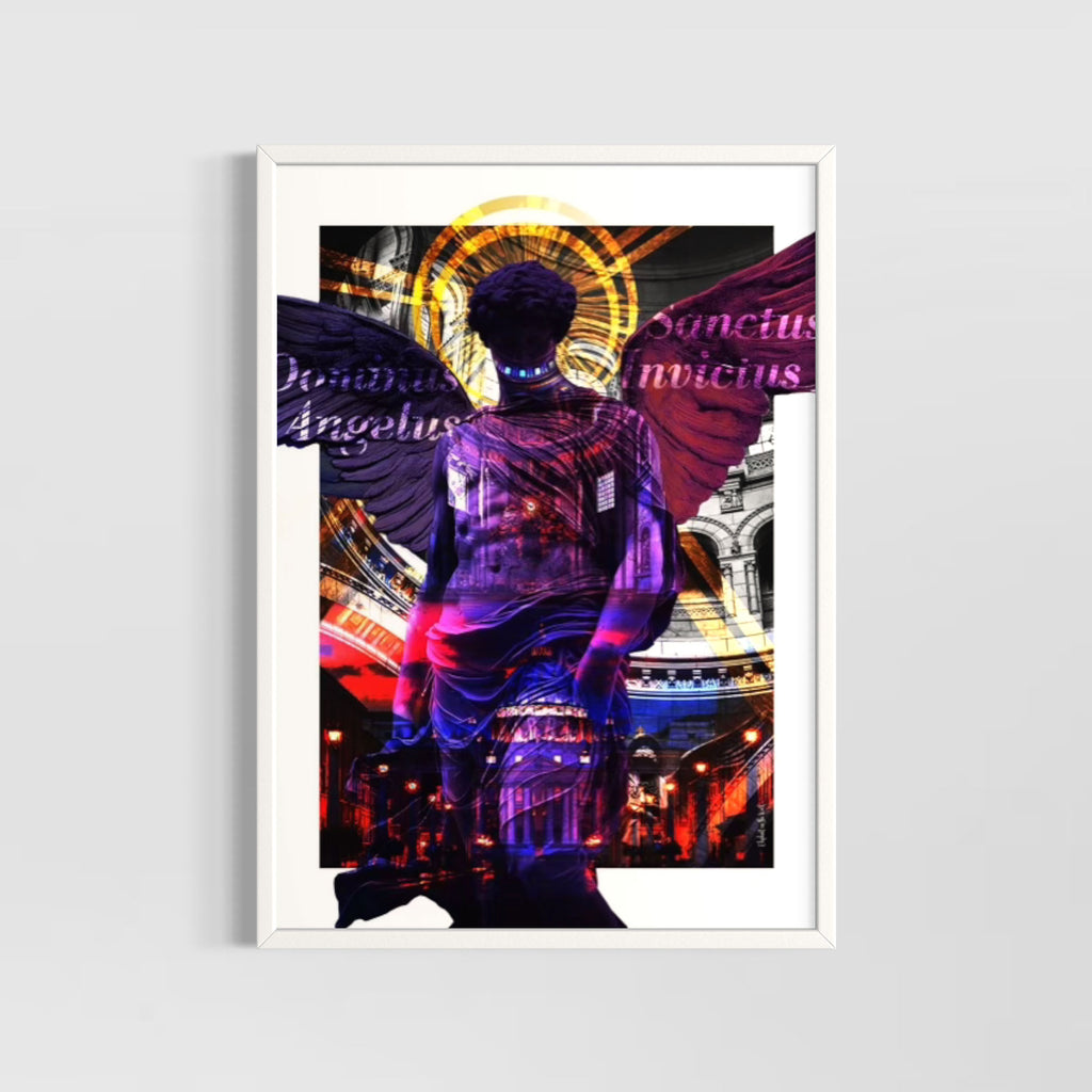 Angelus Wall Art Print featuring a celestial figure in vibrant hues with wings and halo illustration.