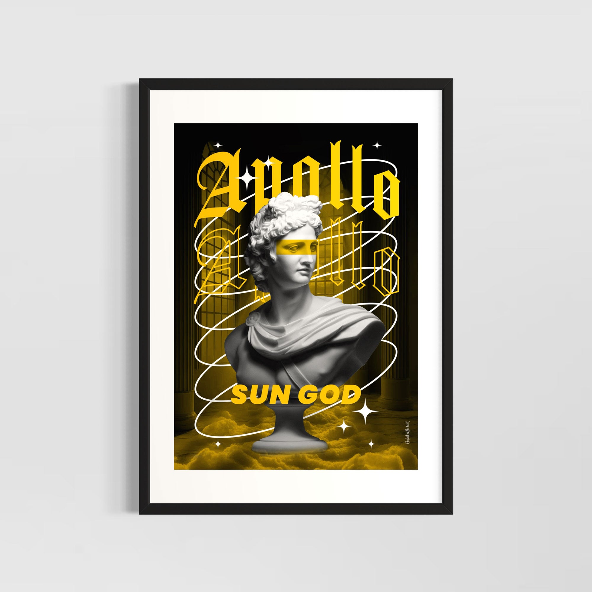 Apollo Wall Art Print featuring a bust of Apollo in a modern design with vivid yellow hues and the text 'SUN GOD'.