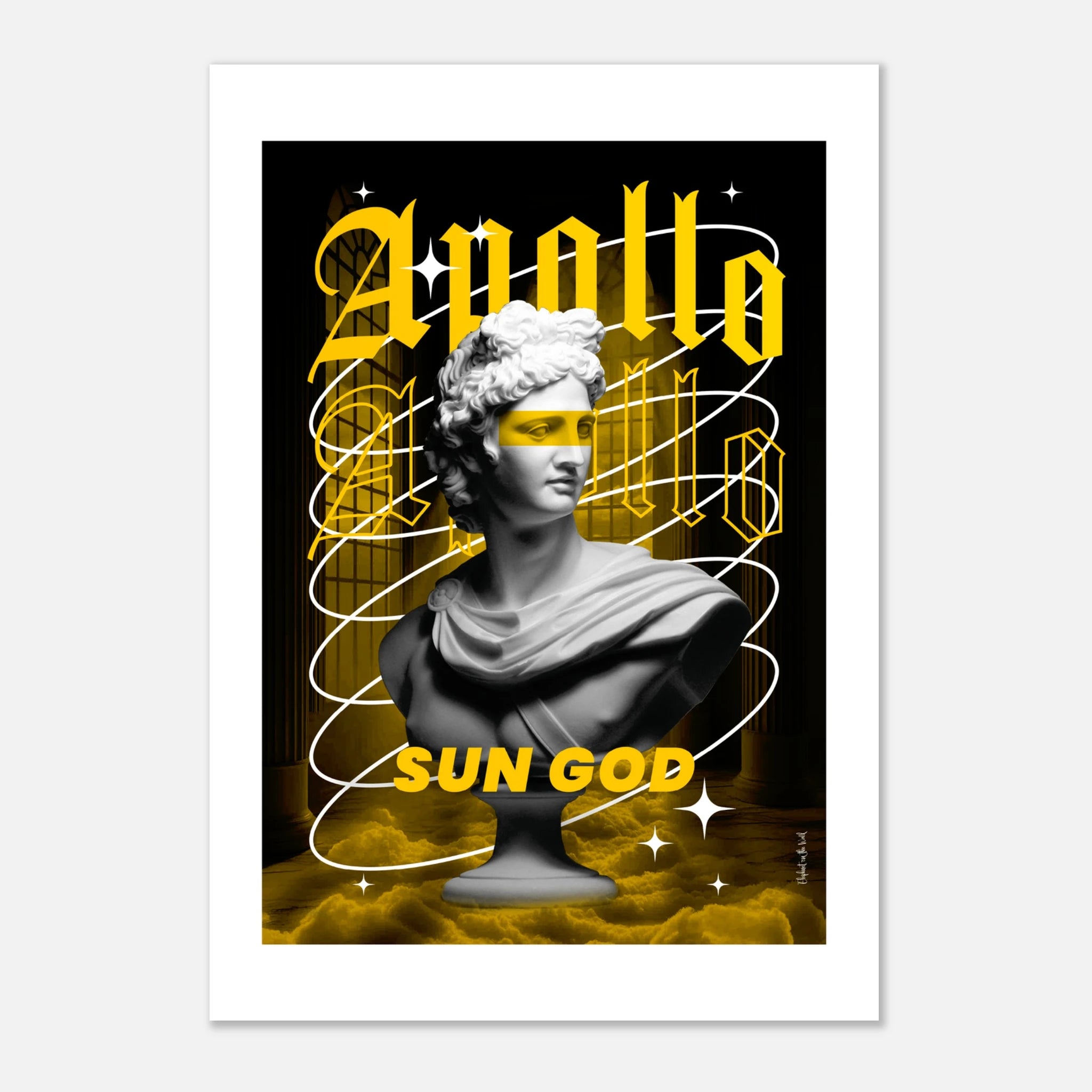 Apollo Wall Art Print featuring a statue of Apollo with yellow accents and modern design elements.