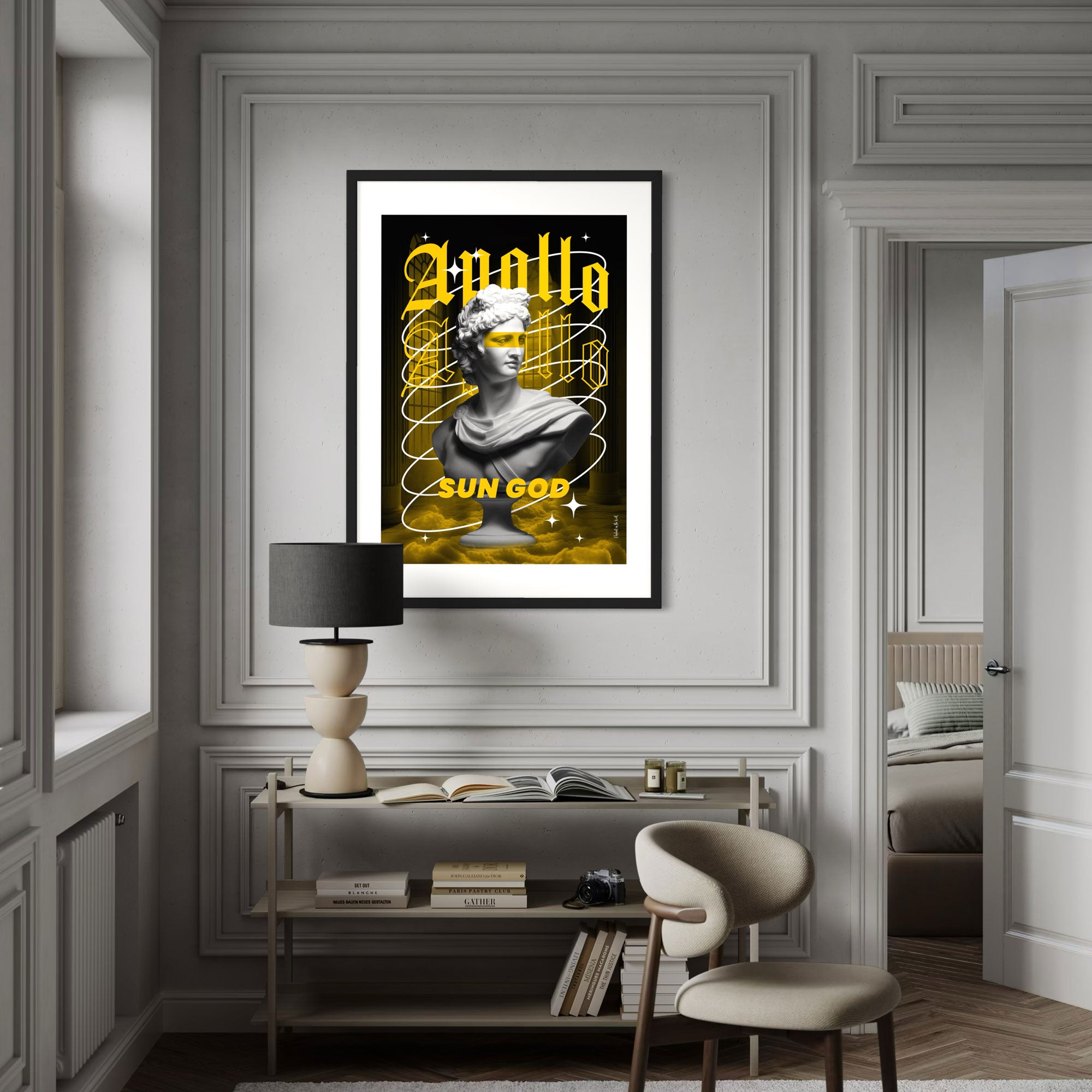 Apollo Wall Art Print featuring a modern design of Apollo in vivid yellow hues, displayed in a stylish room.