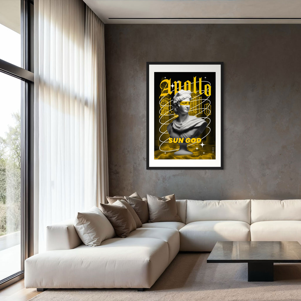 Apollo Wall Art Print featuring a sculpture of Apollo with vibrant yellow design, displayed in a modern living room.