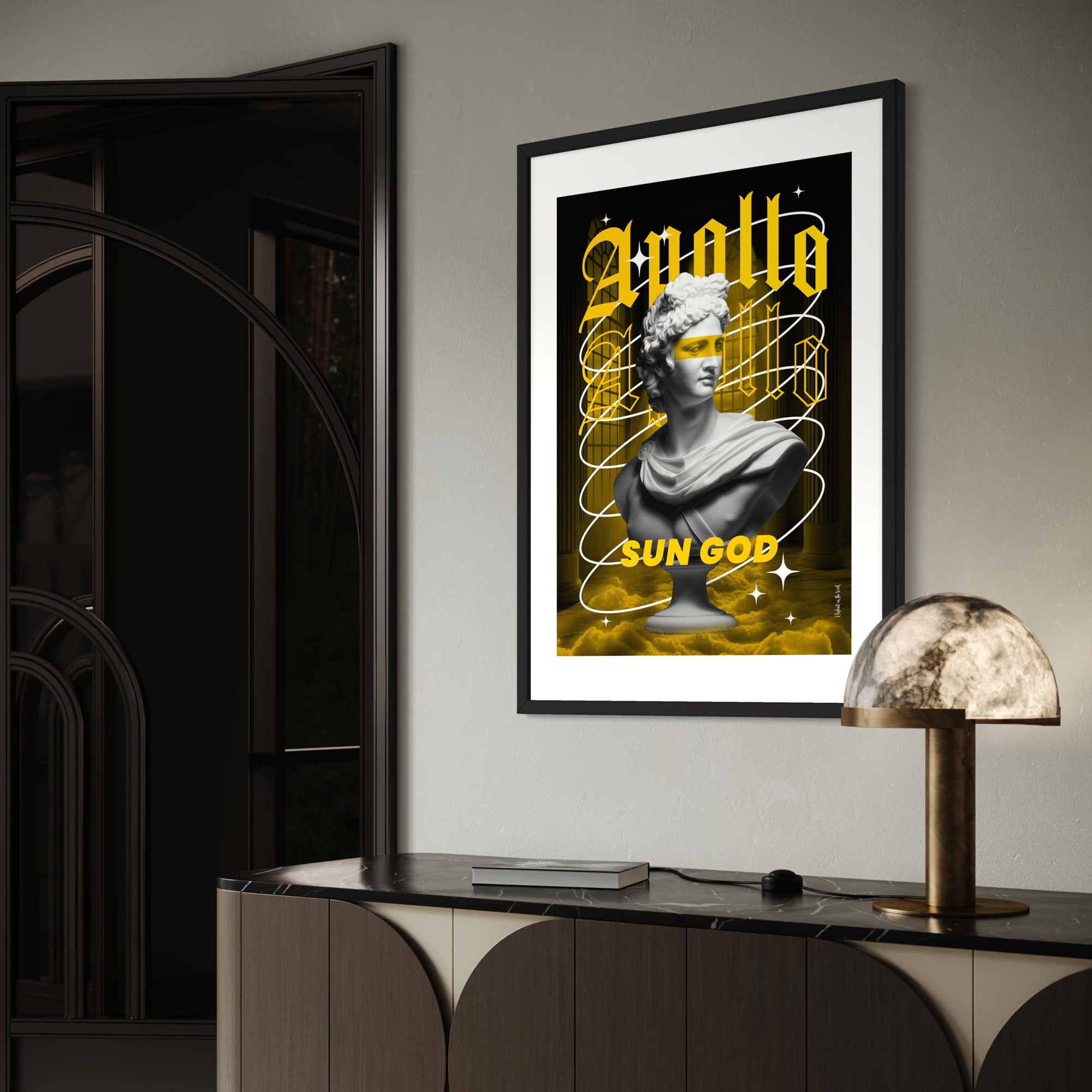 Apollo Wall Art Print featuring a statue of Apollo with vivid yellow design in a modern interior setting.