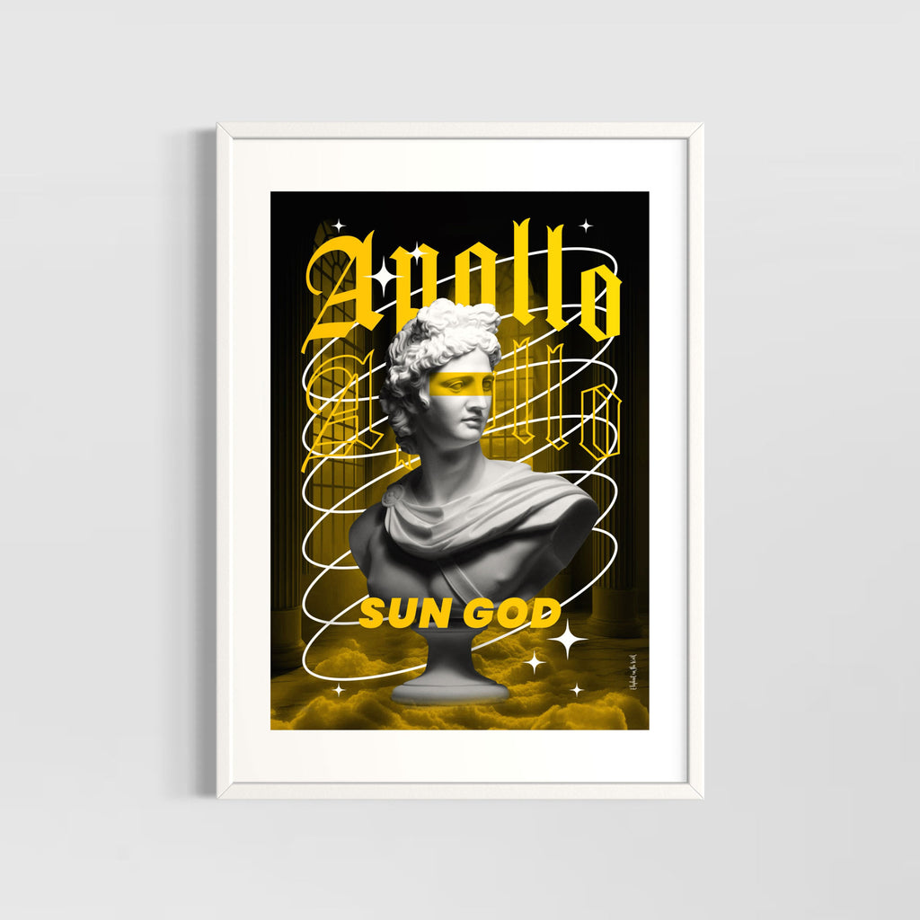 Apollo Wall Art Print featuring a modern design of Apollo with yellow accents and the text 'SUN GOD'.