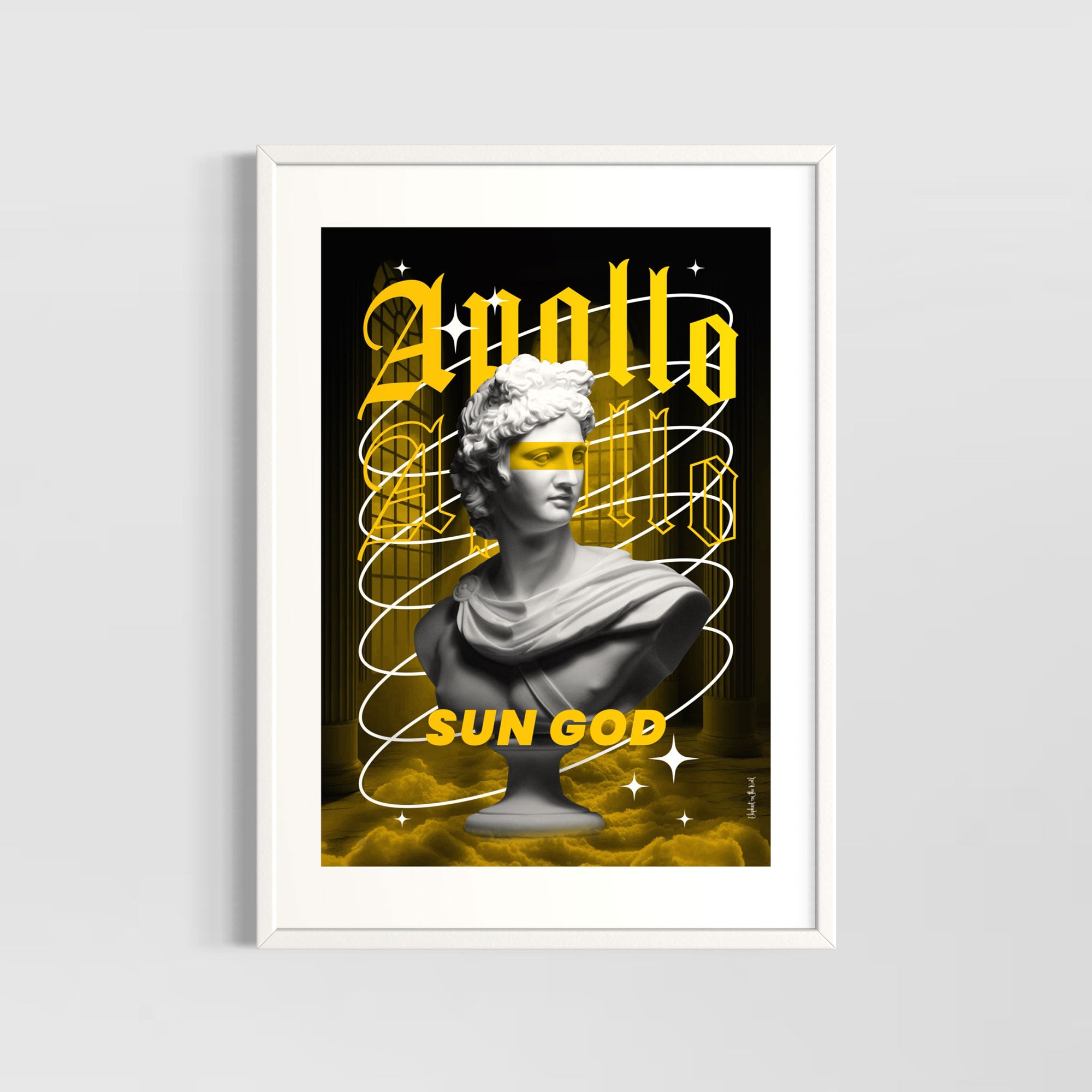 Apollo Wall Art Print featuring a modern design of Apollo with yellow accents and the text 'SUN GOD'.