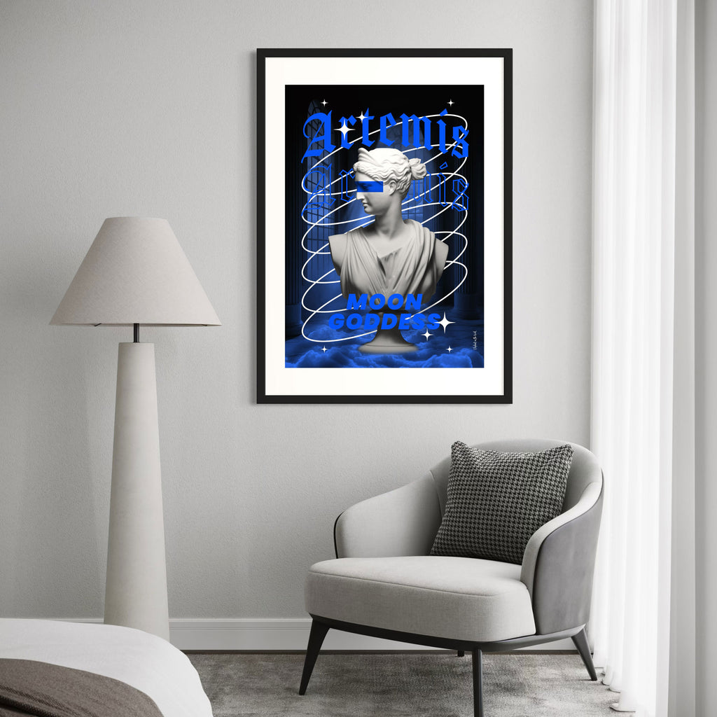 Artemis Wall Art Print featuring a sculpture of the moon goddess in blue hues, framed in modern decor.