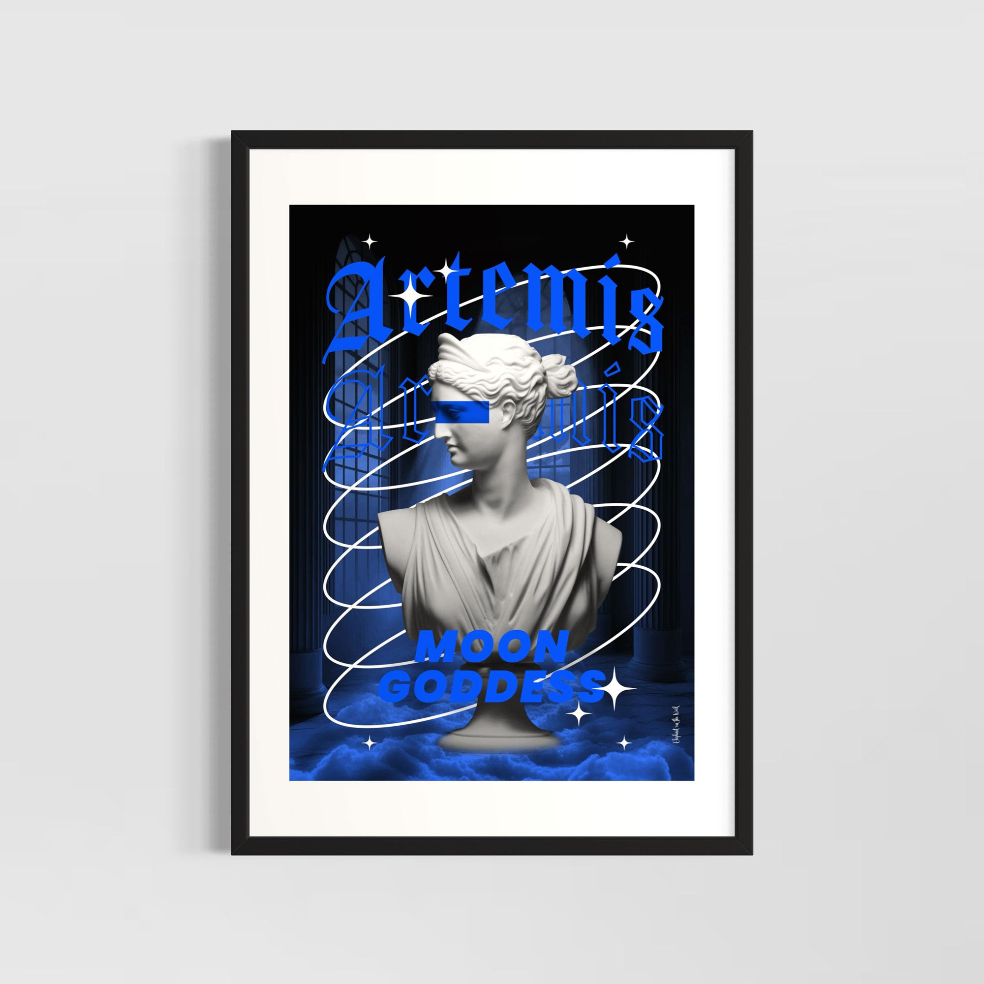 Artemis Wall Art Print featuring a sculpture of the moon goddess with blue hues and modern typography.