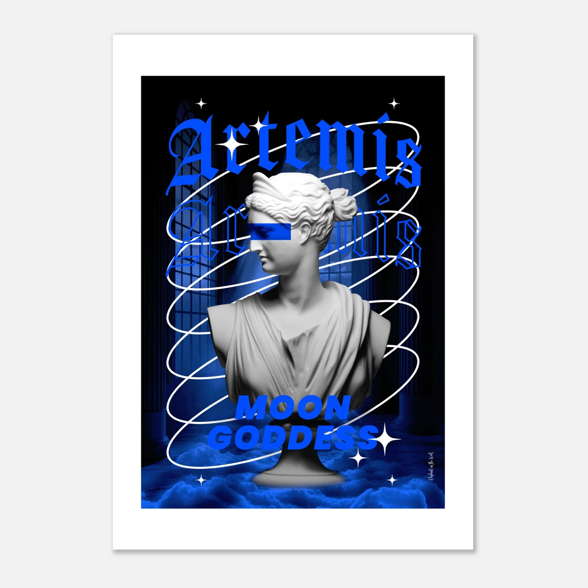 Artemis Wall Art Print featuring a sculpture of the moon goddess with blue accents and modern design elements.