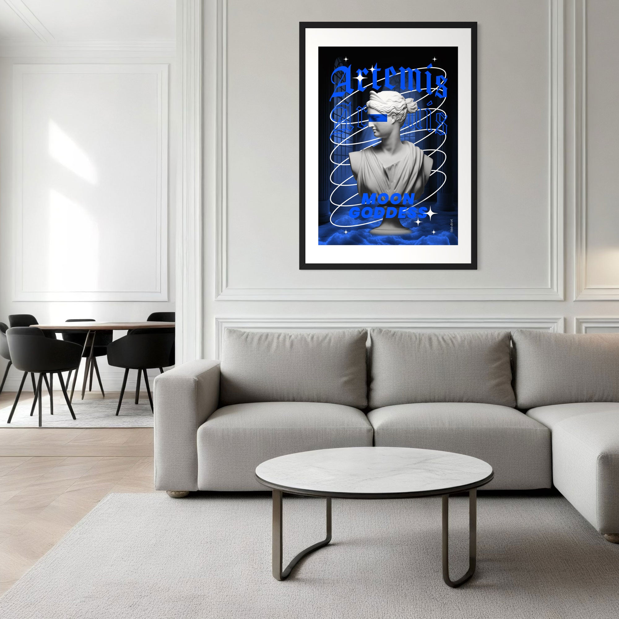 Artemis Wall Art Print showcasing a modern design featuring the moon goddess in blue hues, perfect for contemporary decor.