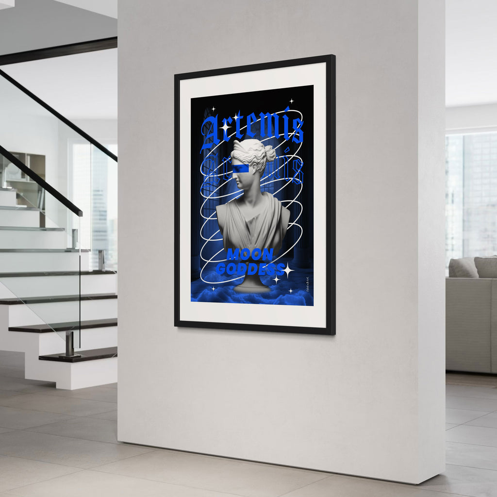 Artemis Wall Art Print featuring a bust of the moon goddess in mesmerizing blue hues, framed in a modern living space.