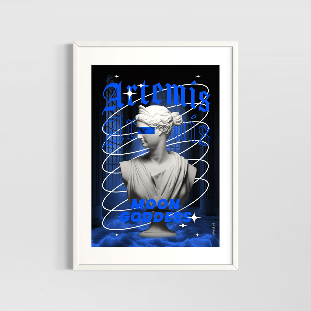 Artemis Wall Art Print featuring a statue of the moon goddess with blue hues and modern design elements.