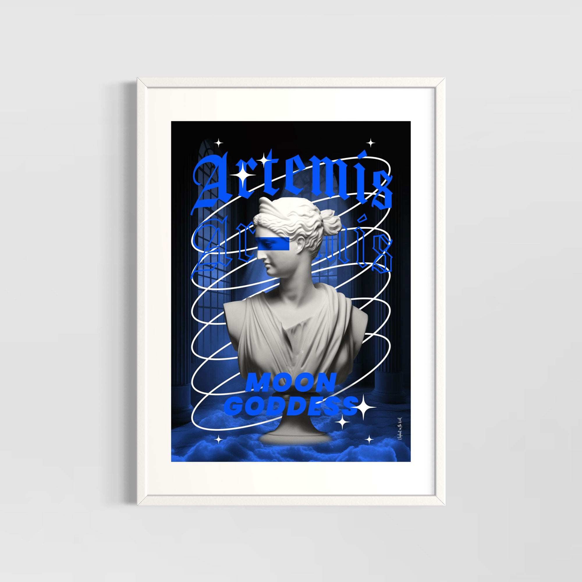 Artemis Wall Art Print featuring a statue of the moon goddess with blue hues and modern design elements.