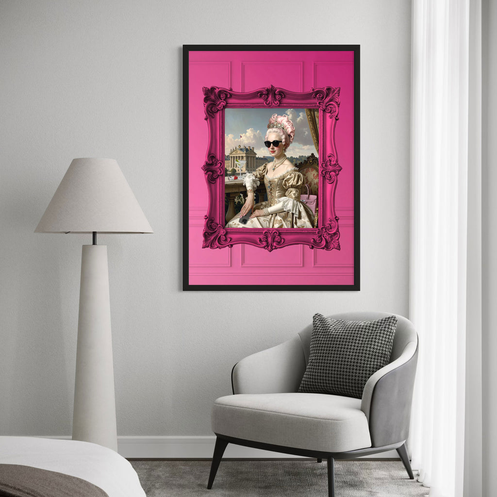 Marie Baddie Art Poster featuring a modern design with a pink frame and stylish figure in sunglasses.