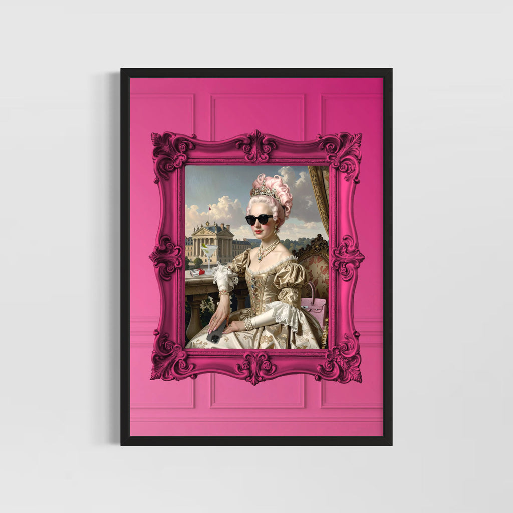 Marie Baddie Art Poster featuring a stylish woman in a pink-framed portrait with modern abstract art, perfect for wall decor.