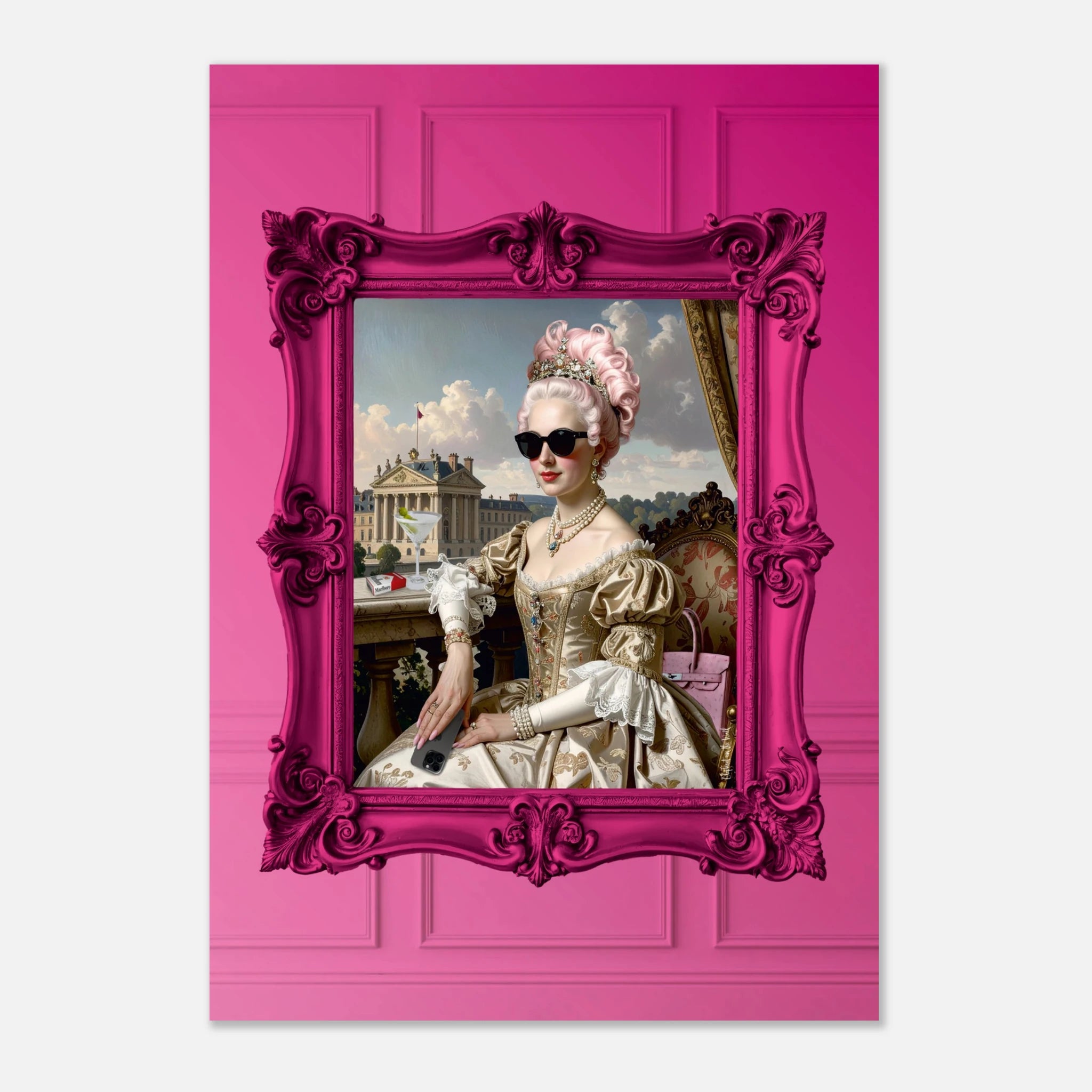 Marie Baddie Art Poster of a modernized regal figure wearing sunglasses in a vibrant pink frame, blending classic art with contemporary style.