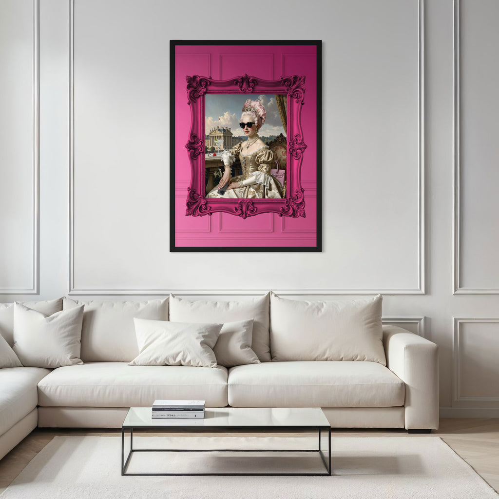 Marie Baddie Art Poster featuring an elegant woman in a pink frame, perfect for modern wall art decor.