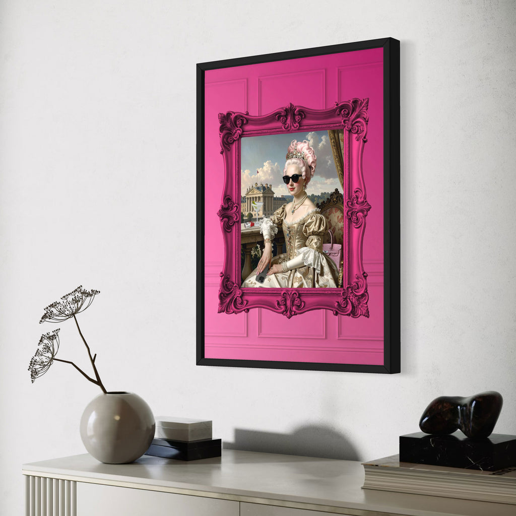 Marie Baddie Art Poster featuring a vibrant pink frame and an elegant portrait, perfect for modern wall decor.