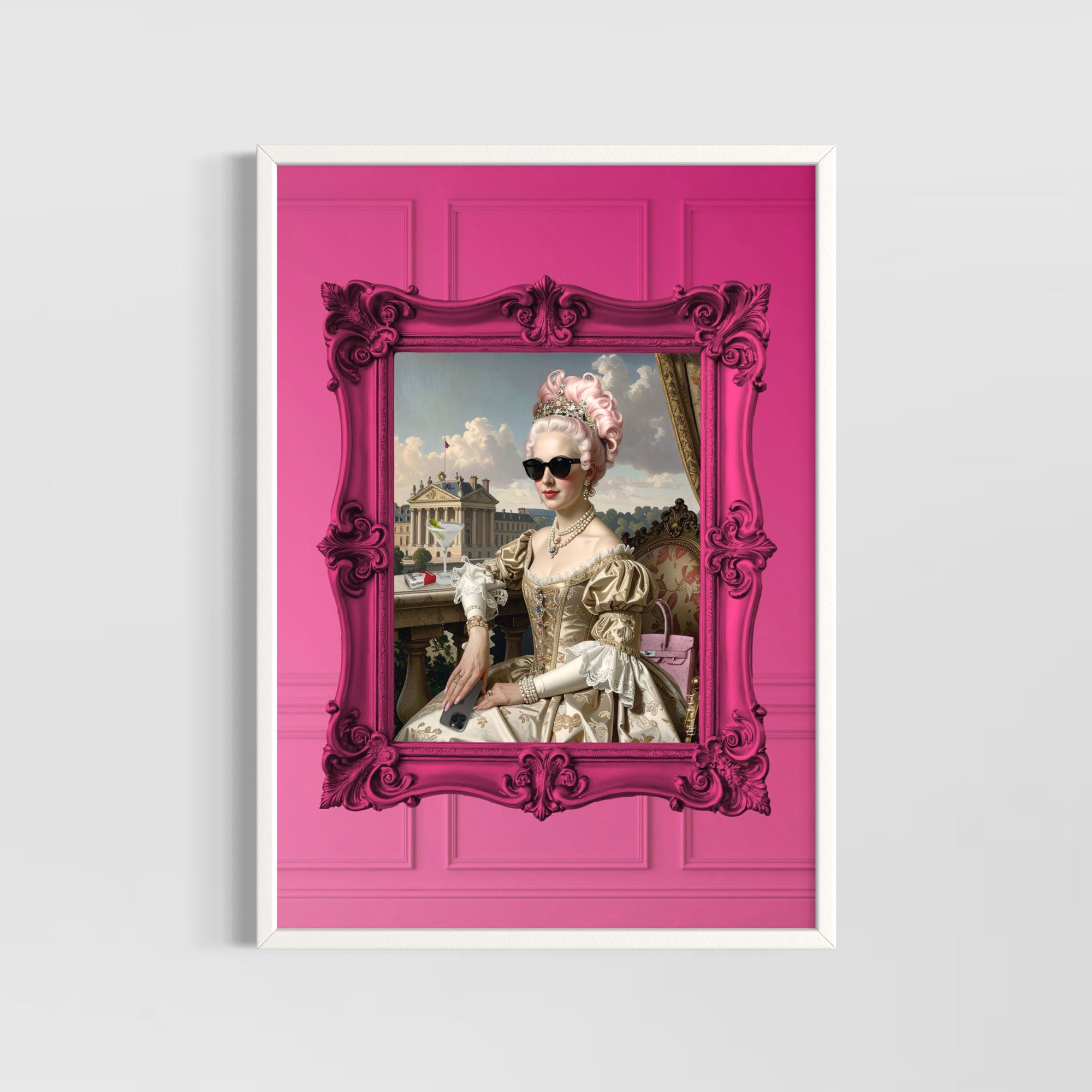 Marie Baddie Art Poster featuring a regal woman in sunglasses in a pink frame.