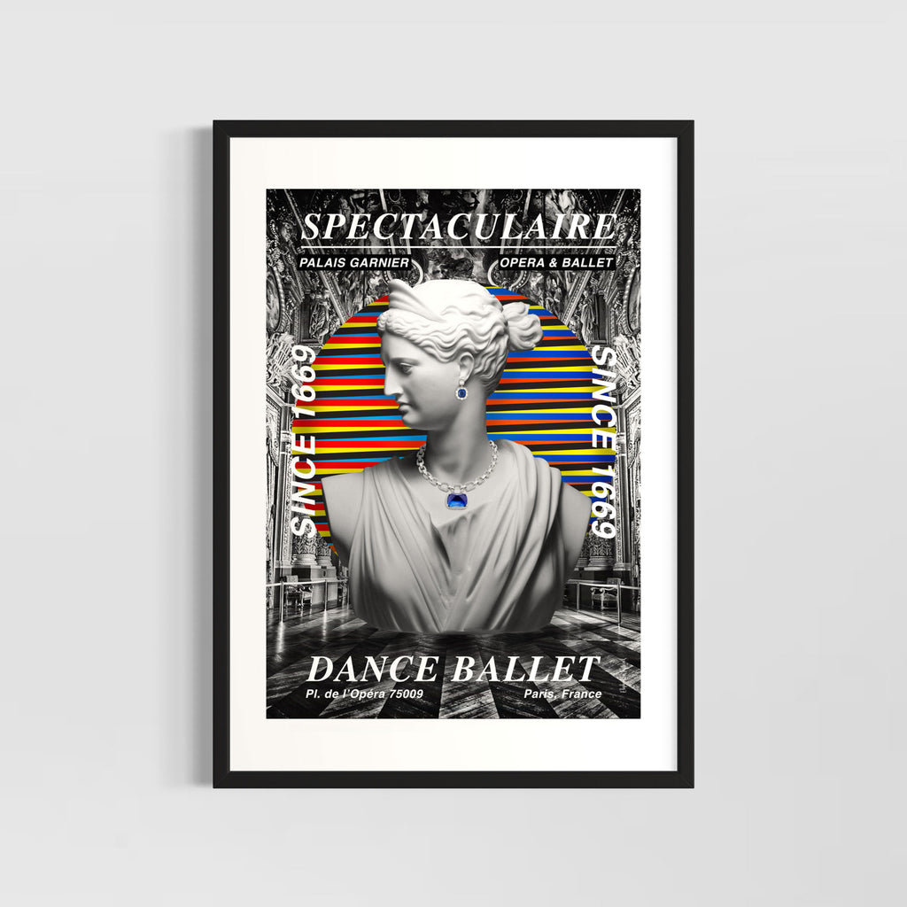 Ballet wall art print featuring a sculptural centerpiece with colorful stripes in a modern design.