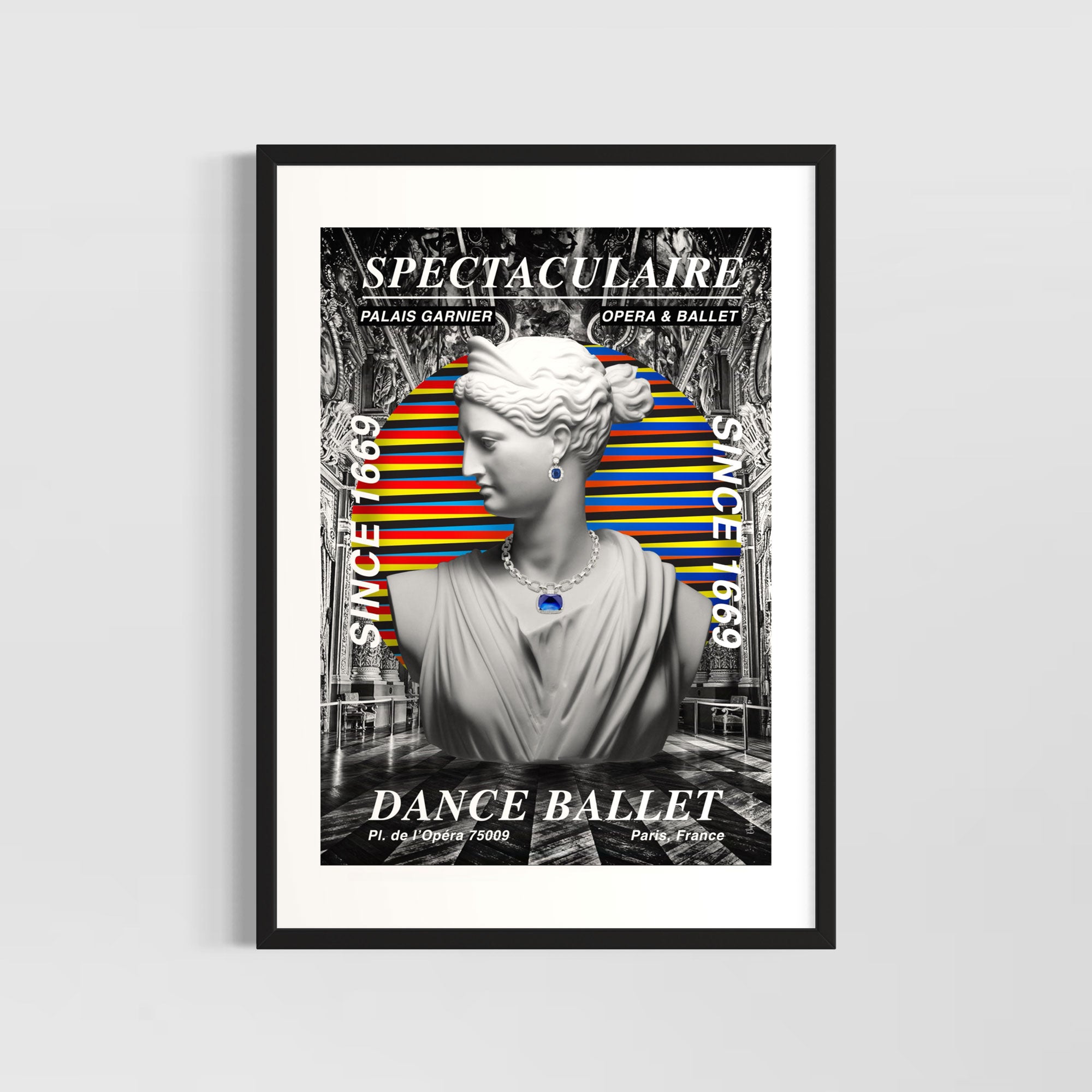 Ballet wall art print featuring a sculptural centerpiece with colorful stripes in a modern design.