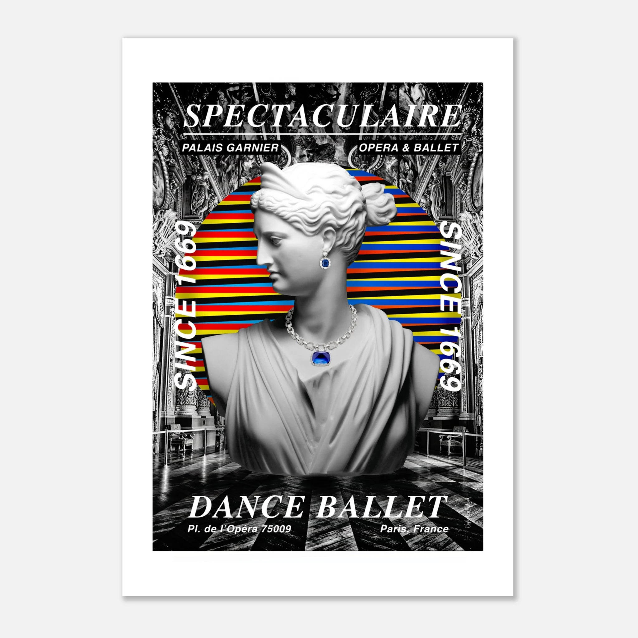 Ballet wall art print featuring a classical sculpture with vibrant stripes, showcasing contemporary design and architectural elegance.