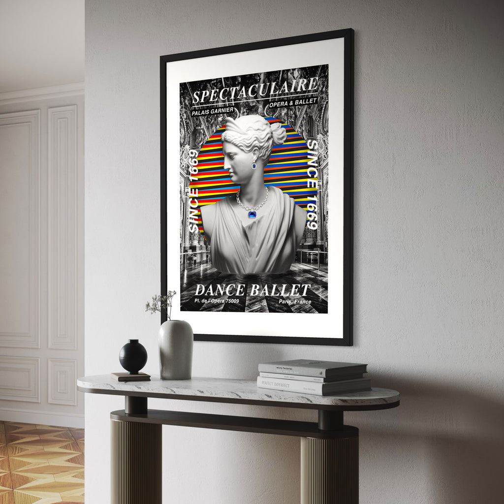 Ballet wall art print featuring a bust and colorful design, adding a contemporary touch to home decor.
