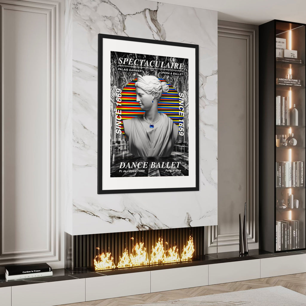 Ballet wall art print featuring a dynamic design with monochrome details and colorful accents, adding elegance to home decor.