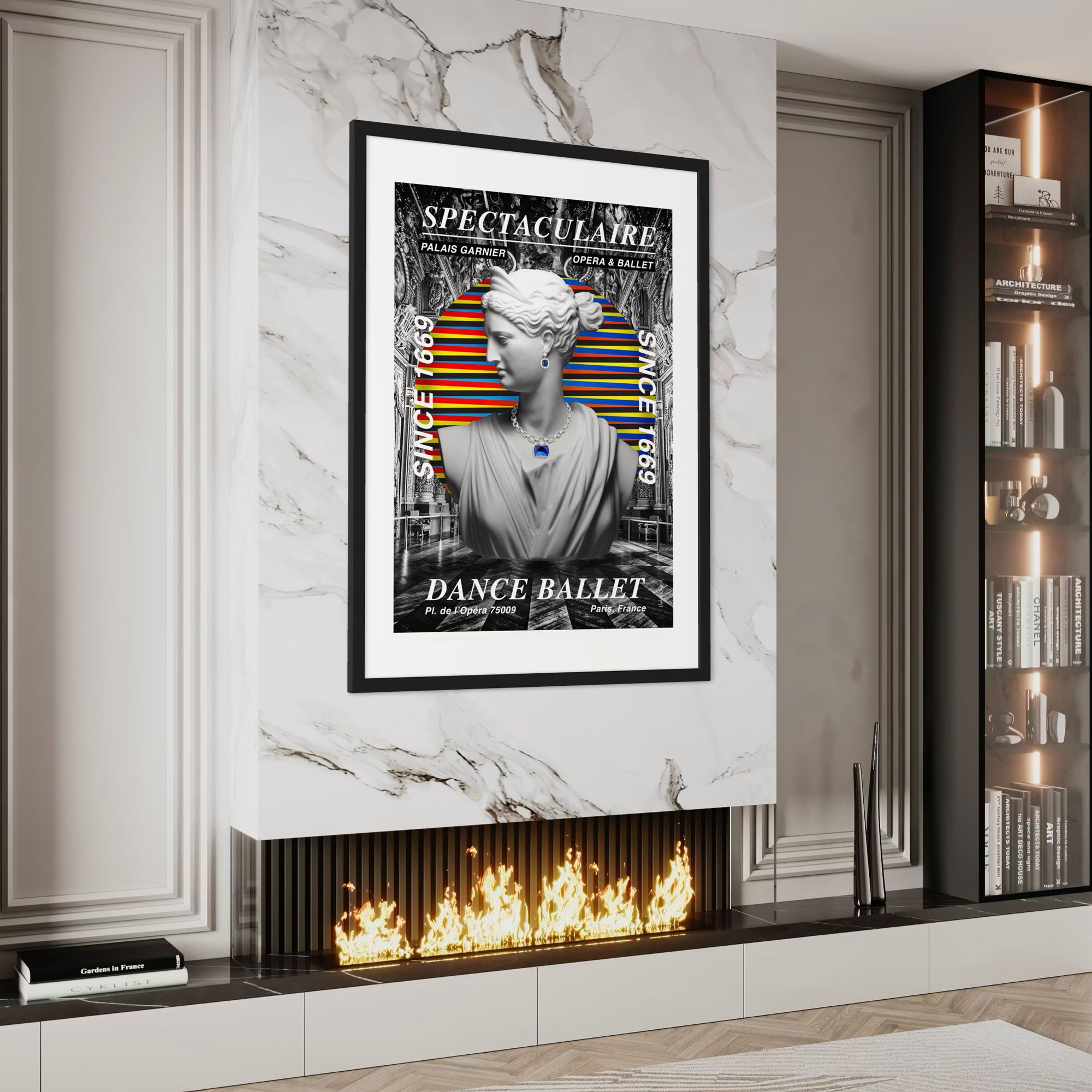 Ballet wall art print featuring a dynamic design with monochrome details and colorful accents, adding elegance to home decor.
