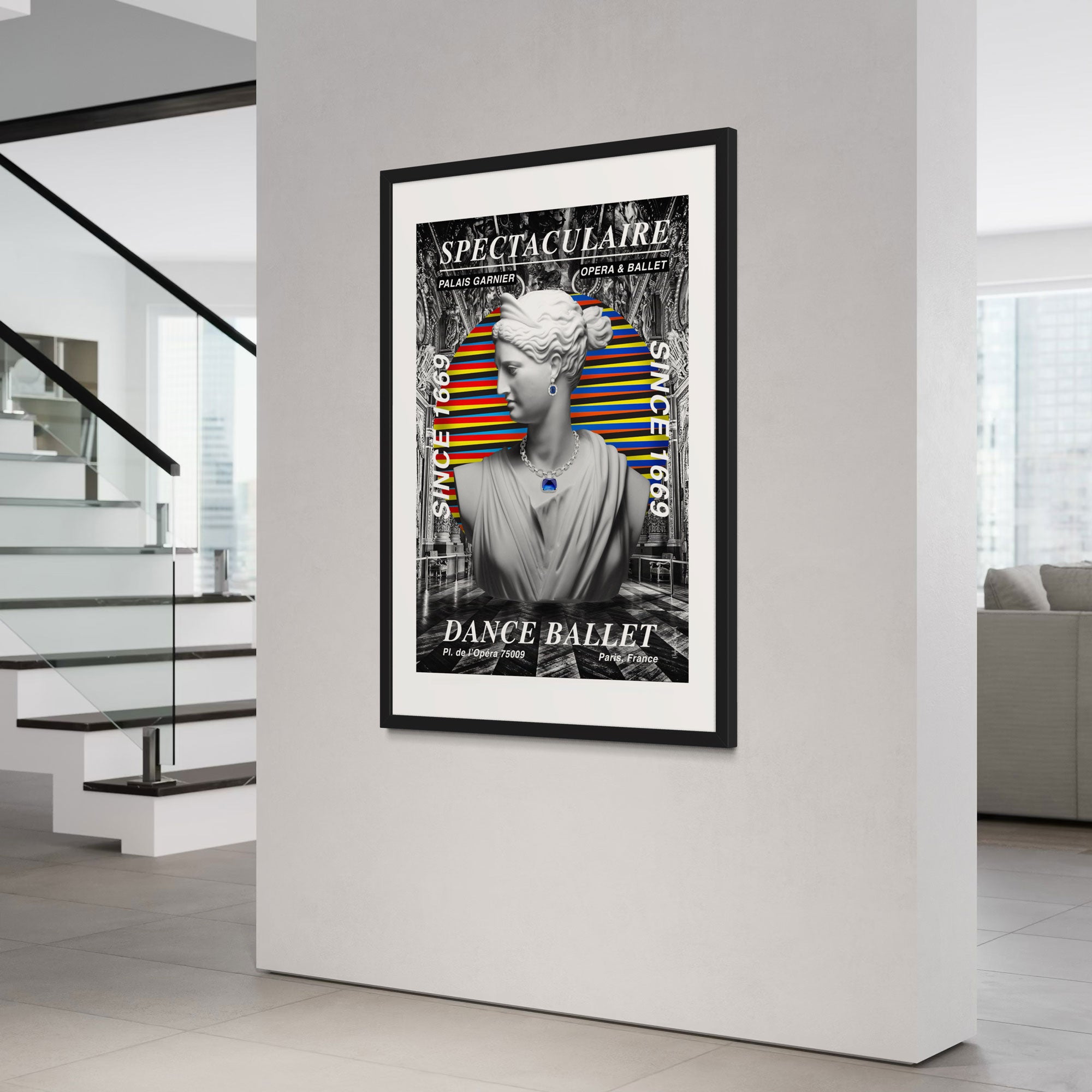 Ballet wall art print featuring a dynamic design with a classical sculpture and colorful elements.