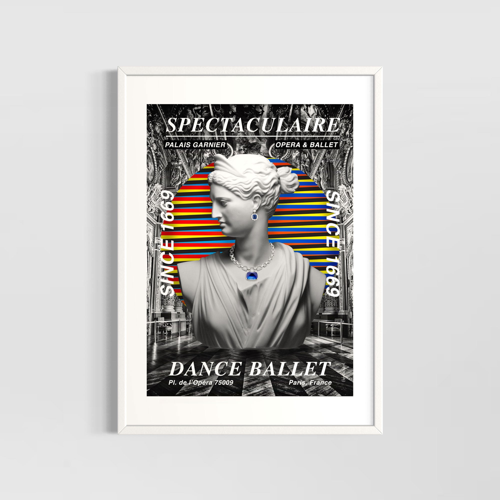 Ballet wall art print featuring a statue with colorful stripes and bold text, showcasing dance and architectural elegance.