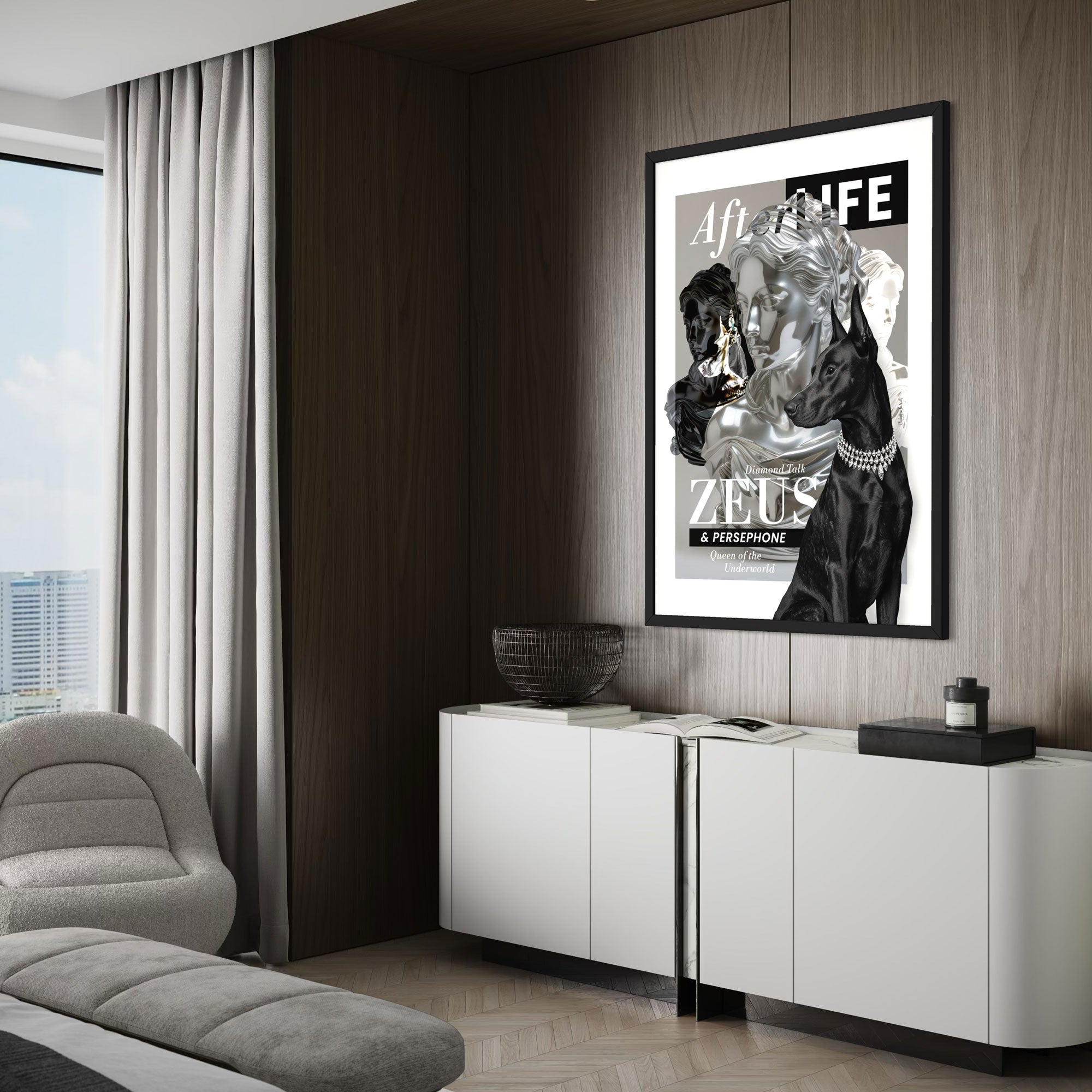 Dobermann Wall Art Print featured in a stylish modern living room with wood accents.