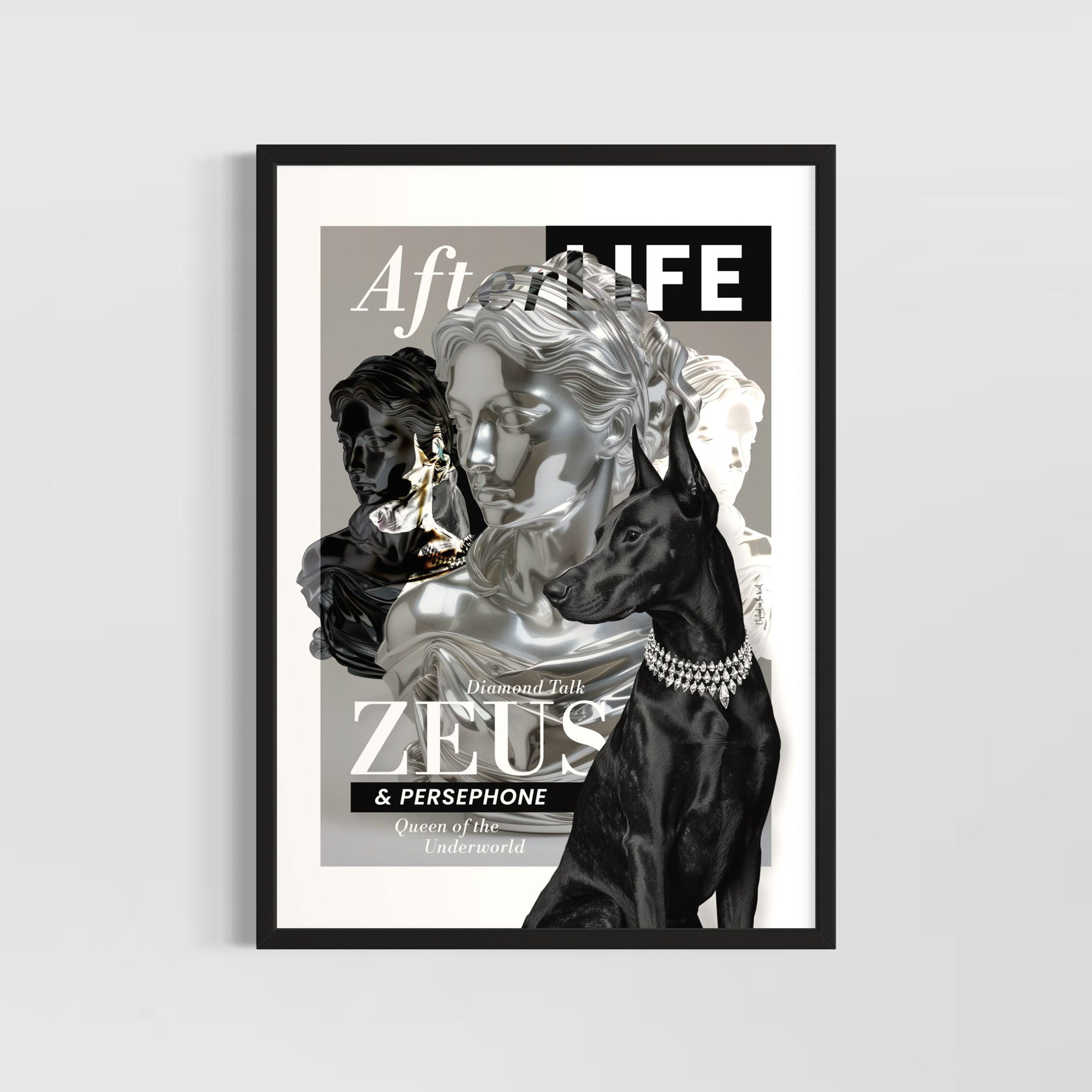 Dobermann Wall Art Print featuring an abstract design with divine figures and a majestic Dobermann dog.