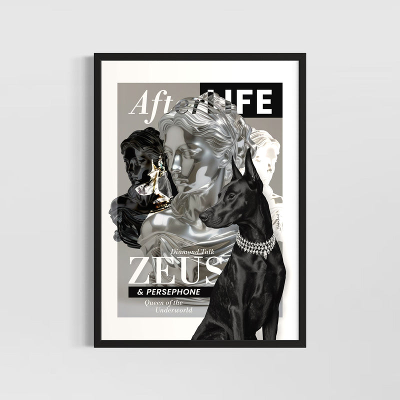 Dobermann Wall Art Print featuring an abstract design with divine figures and a majestic Dobermann dog.