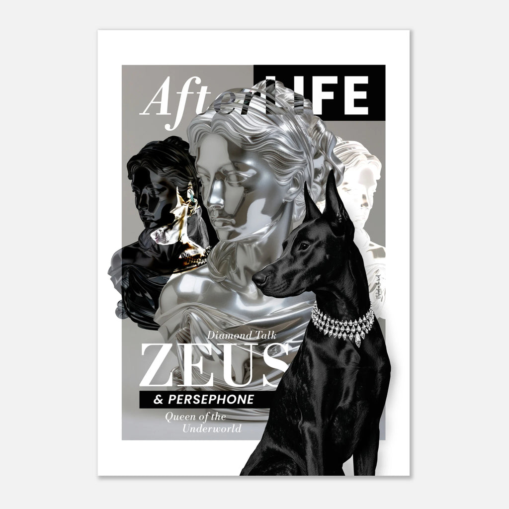 Dobermann Wall Art Print featuring abstract portrayal of Zeus, Persephone, and symbolic elements.