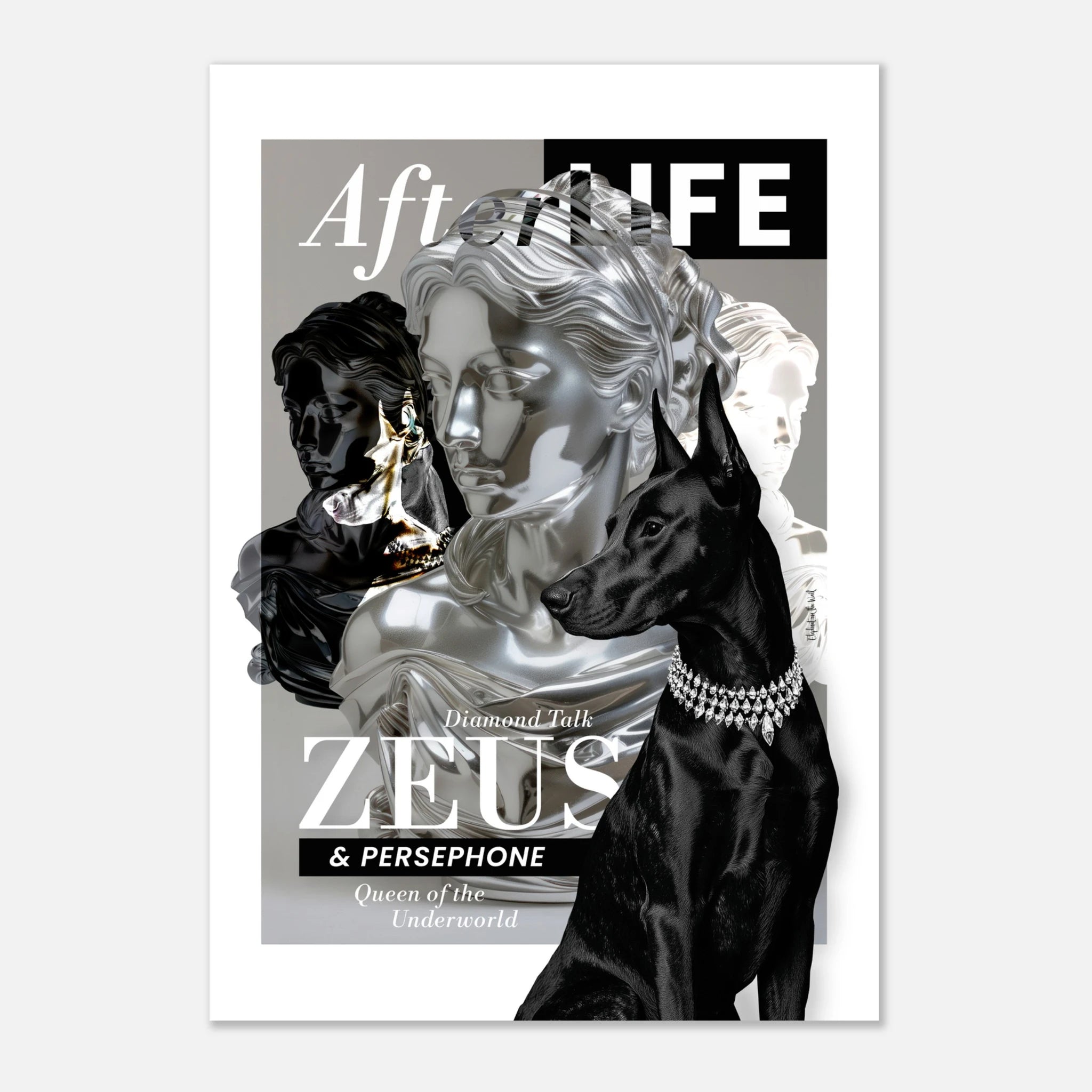 Dobermann Wall Art Print featuring abstract portrayal of Zeus, Persephone, and symbolic elements.