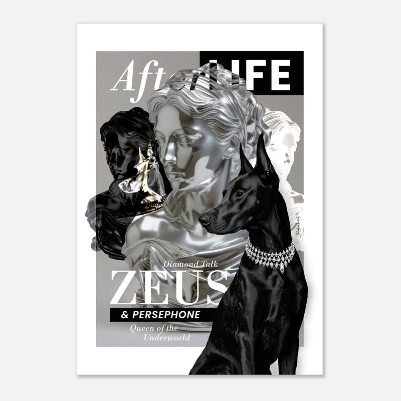 Dobermann Wall Art Print featuring abstract portrayal of Zeus, Persephone, and symbolic elements.