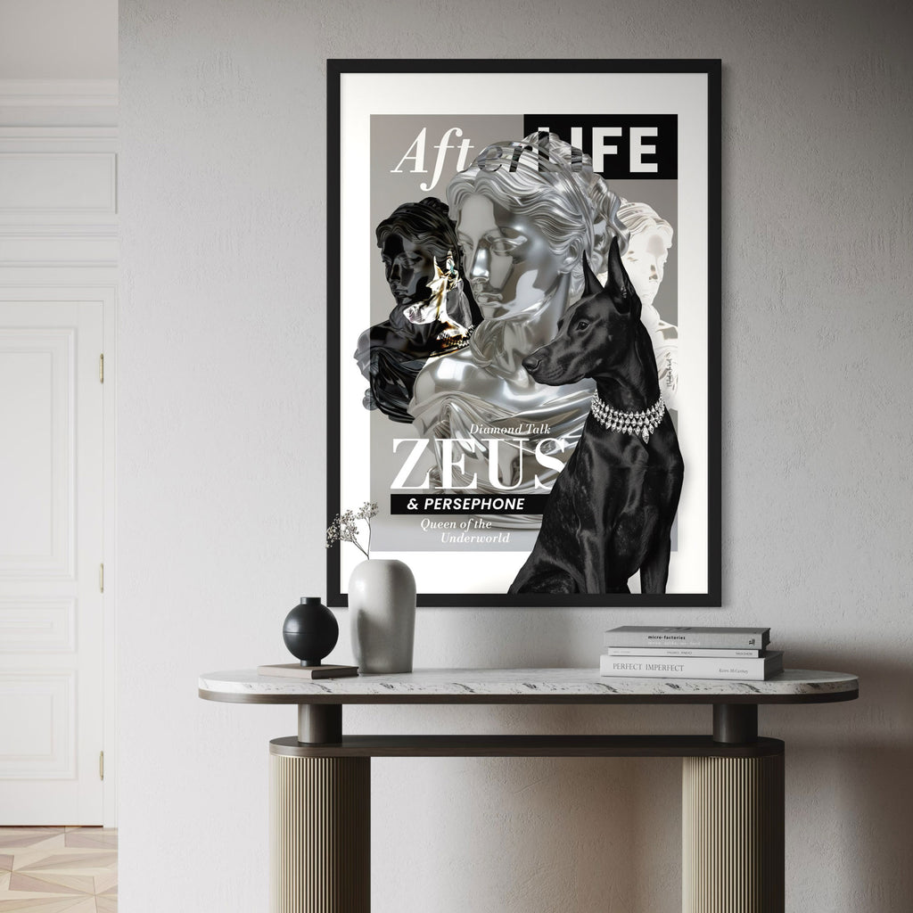 Dobermann Wall Art Print featuring abstract figures and a Black Doberman on a minimalist table decor.