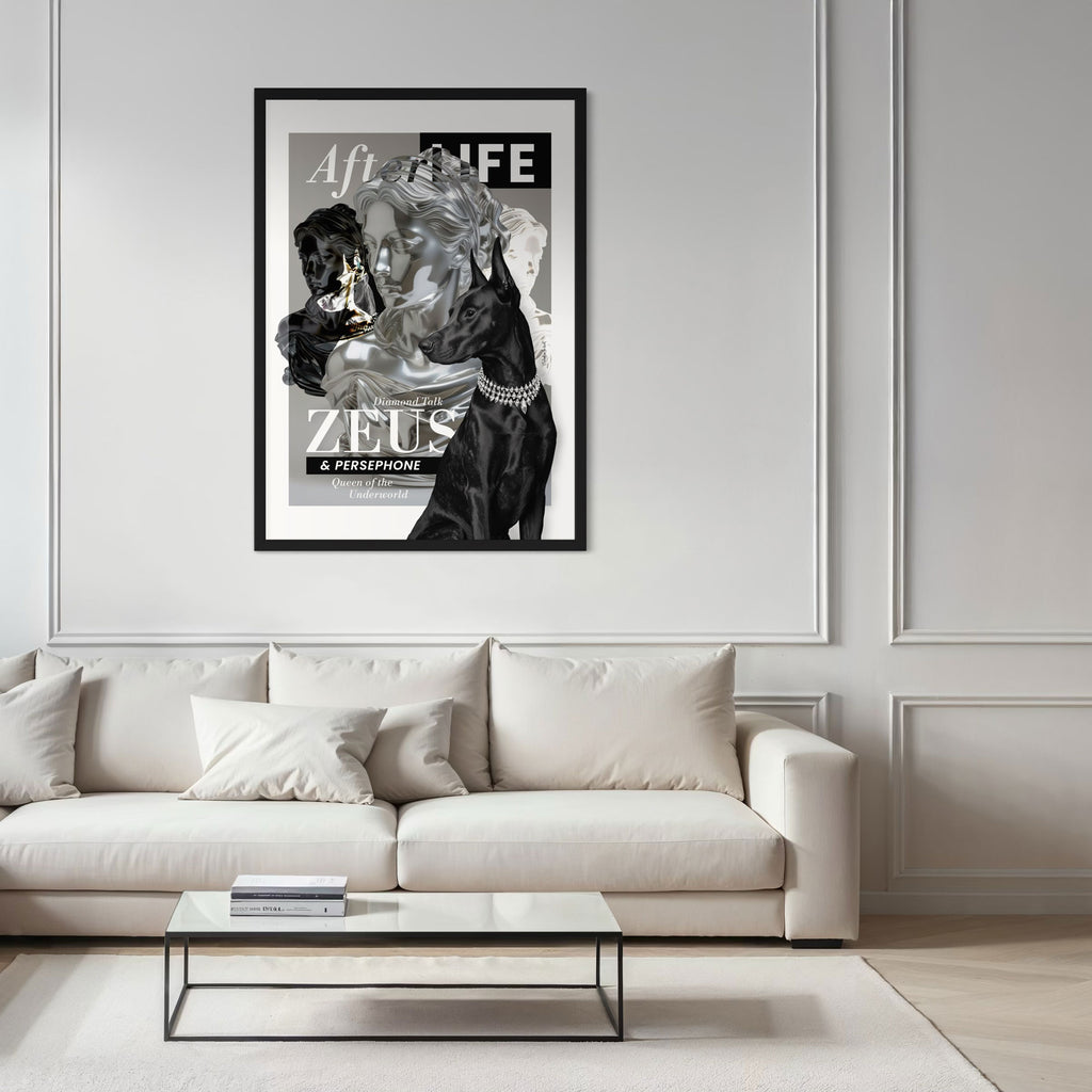 Dobermann Wall Art Print displayed in a modern living room, framed in black, showcasing abstract mythological design.