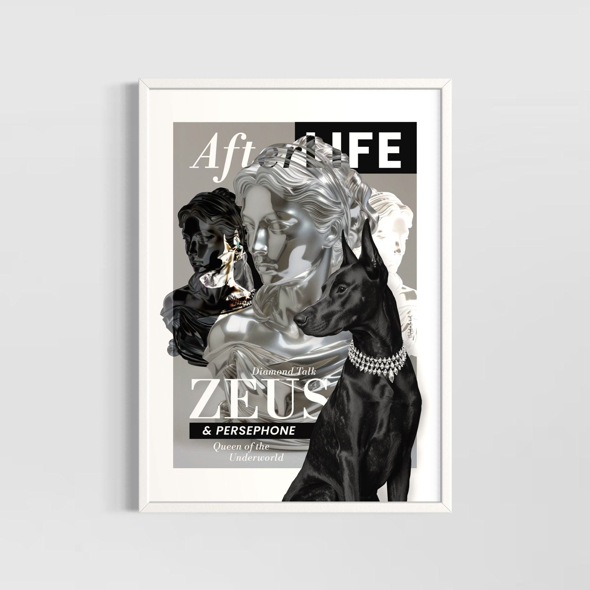 Dobermann Wall Art Print featuring abstract composition with mythological figures and a Doberman dog silhouette.