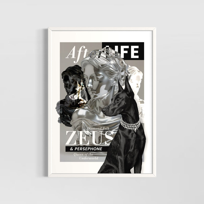 Dobermann Wall Art Print featuring abstract composition with mythological figures and a Doberman dog silhouette.