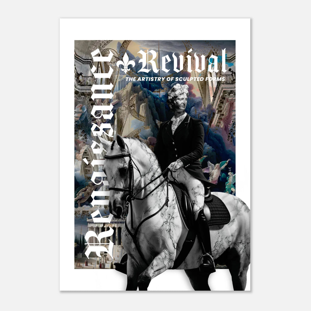 Poster of a person on horseback with 'Renaissance' branding and artistic design elements.
